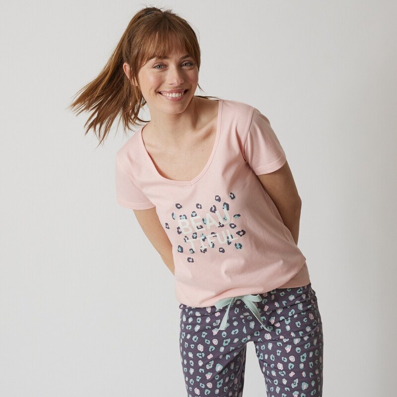 Blancheporte Pyžamové tričko s krátkými rukávy a středovým potiskem "Beautiful" růžová 46/48