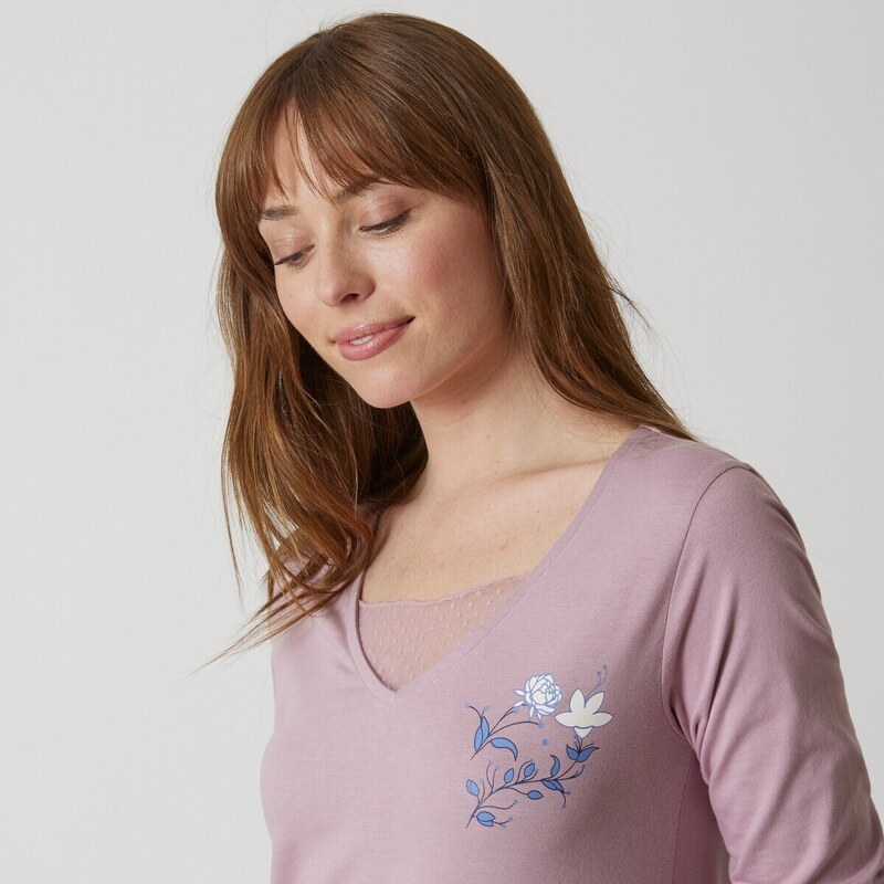 Blancheporte Pyžamové tričko s dlouhými rukávy a potiskem květin šedá lila 46/48