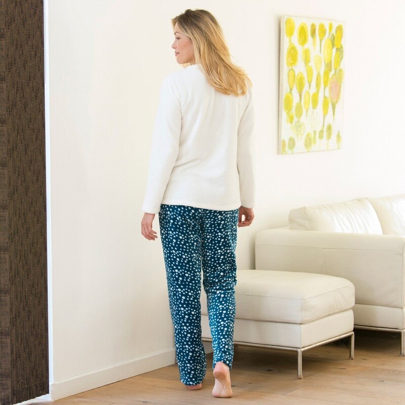 Blancheporte Fleecové pyžamo s kalhotami a výšivkou "night" paví modrá 38/40