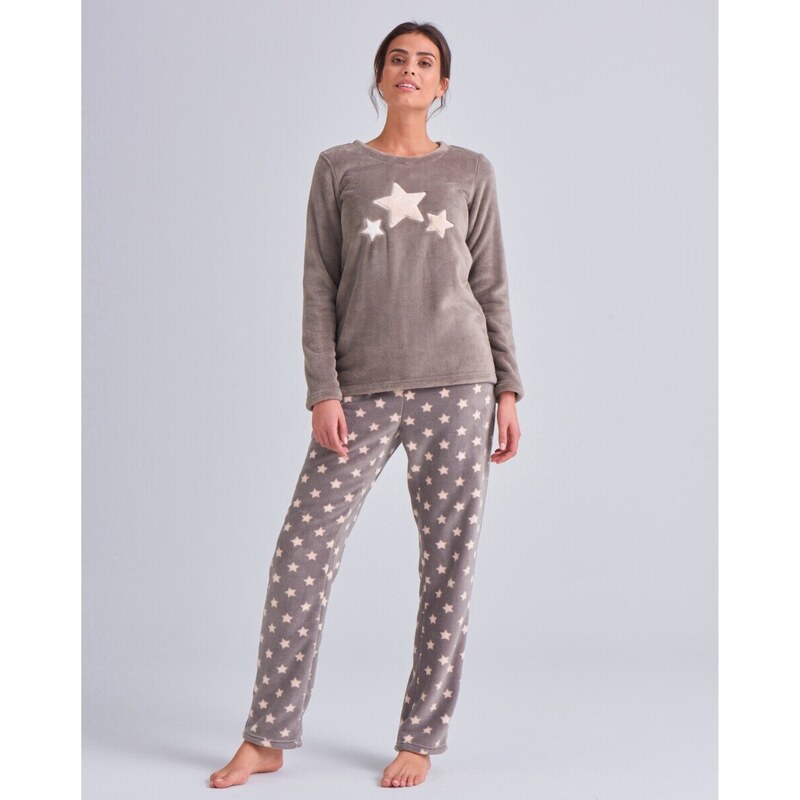 Blancheporte Fleecové pyžamo hebké na dotek s motivem hvězd hnědošedá/růžová 34/36