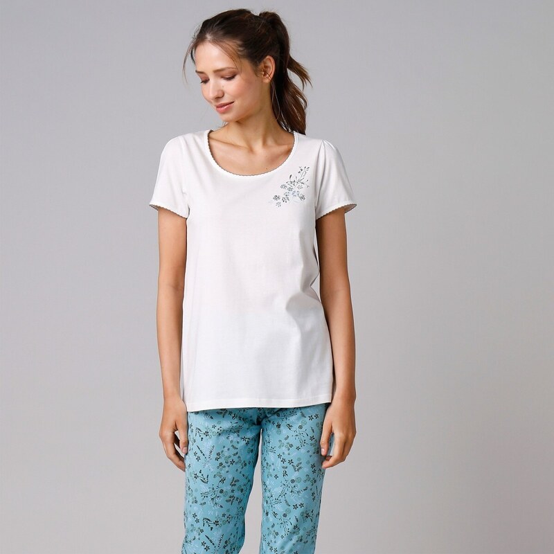 Blancheporte Pyžamové tričko s krátkými rukávy a středovým potiskem květin režná 54