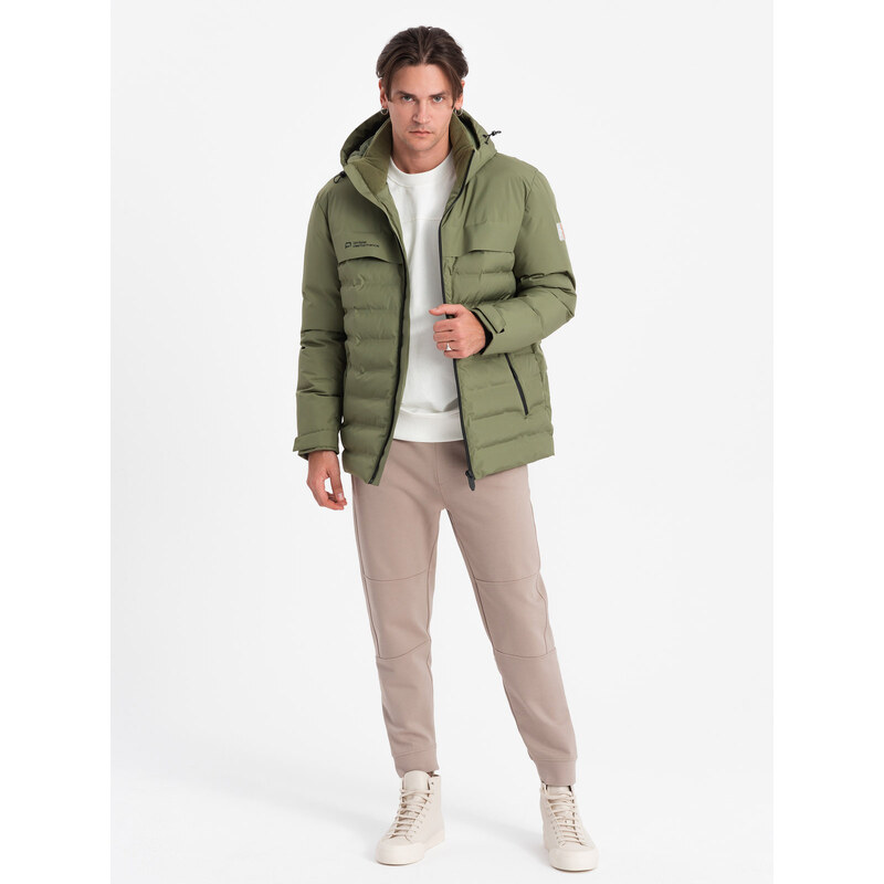 Ombre Men's winter jacket with detachable hood - olive