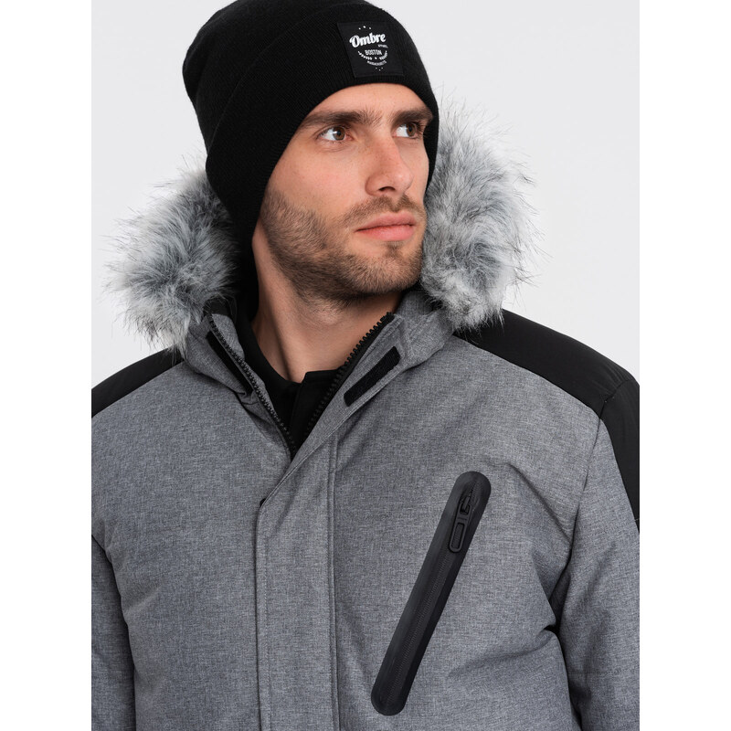 Ombre Men's winter jacket with adjustable hood with detachable fur - grey and black