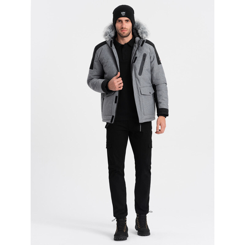 Ombre Men's winter jacket with adjustable hood with detachable fur - grey and black