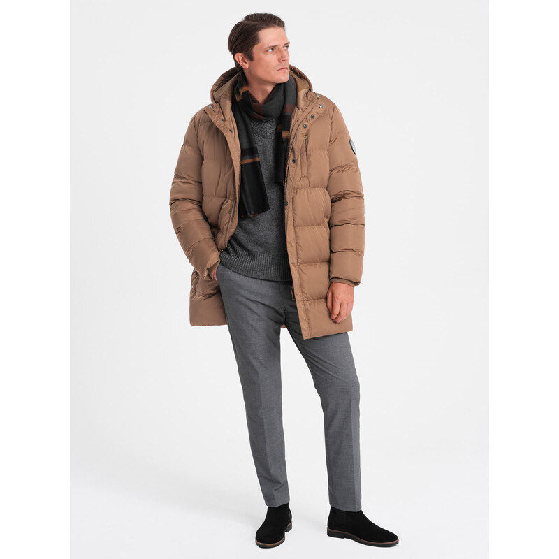 Ombre Clothing Pánská dlouhá zimní prošívaná bunda se saténovou úpravou - světle hnědá V2 OM-JALJ-0147