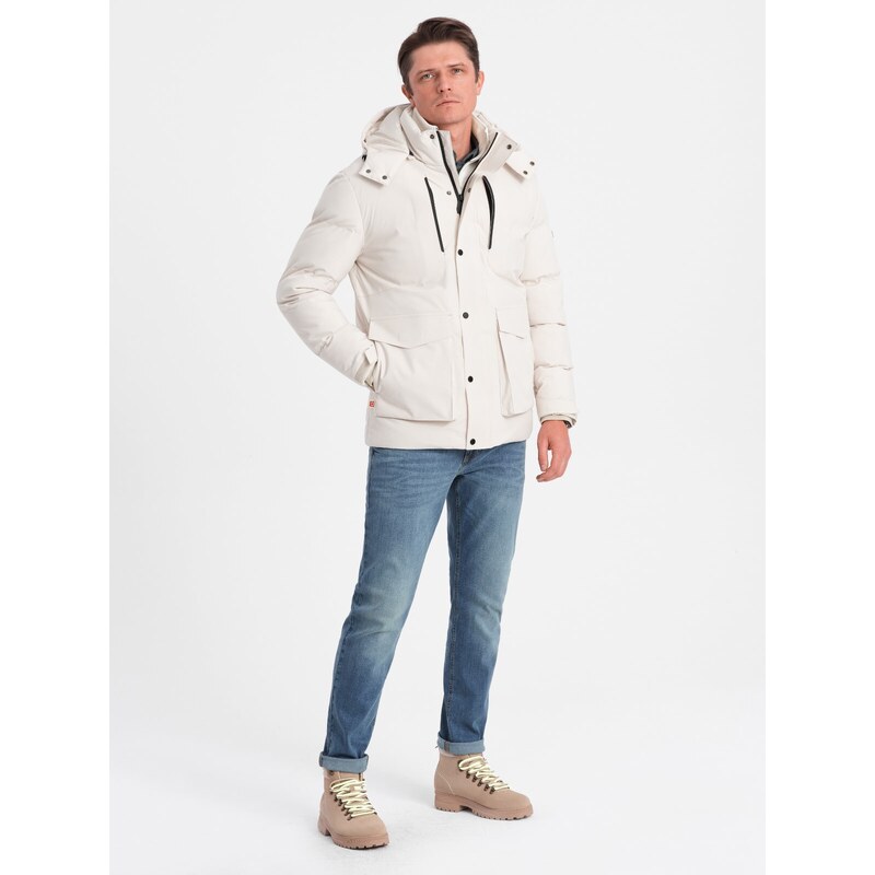 Ombre Men's winter jacket with detachable hood and cargo pockets - cream