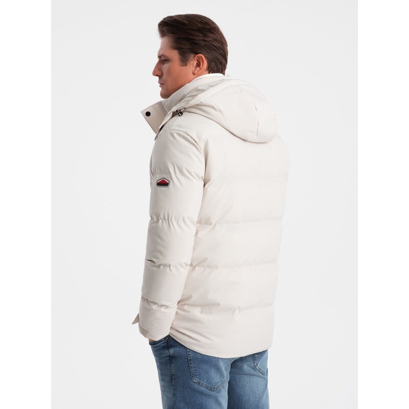 Ombre Men's winter jacket with detachable hood and cargo pockets - cream