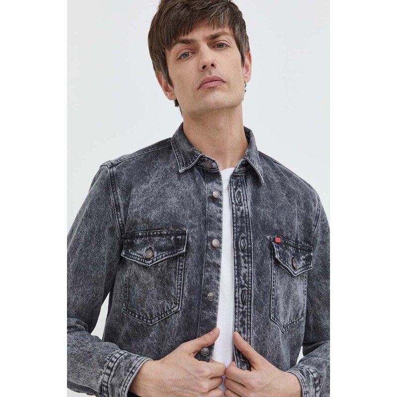Džínová košile HUGO pánská, šedá barva, regular, s klasickým límcem
