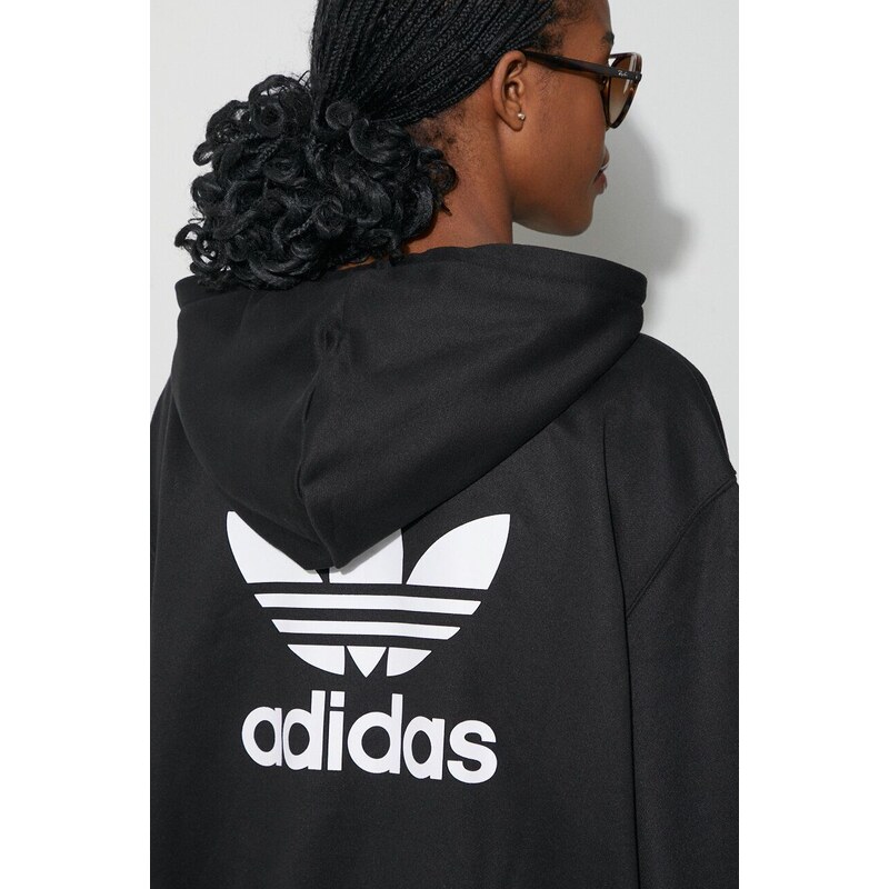 Mikina adidas Originals Trefoil Hoodie dámská, černá barva, s kapucí, s potiskem, IU2409