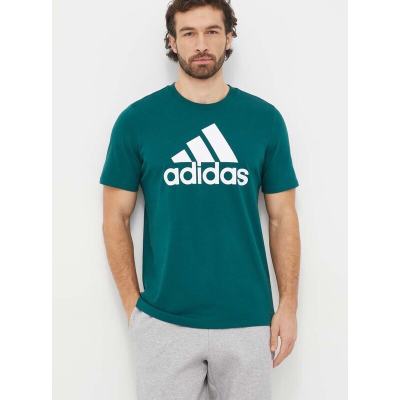 Bavlněné tričko adidas zelená barva, s potiskem, IS1300