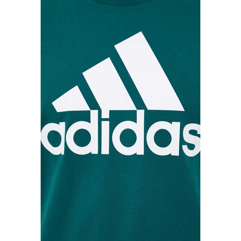 Bavlněné tričko adidas zelená barva, s potiskem, IS1300