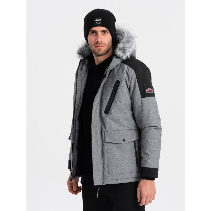Ombre Clothing Pánská dlouhá zimní bunda s odnímatelnou kožešinou V1 OM-JAHP-0144 šedá a černá