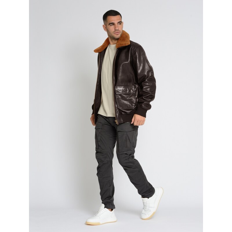 Bunda Top Gun Leather Bomber kožená hnědá s hnědým límečkem