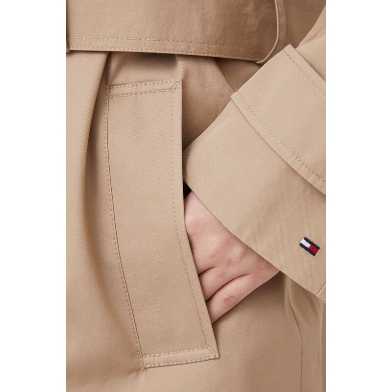 Bavlněný kabát Tommy Hilfiger béžová barva