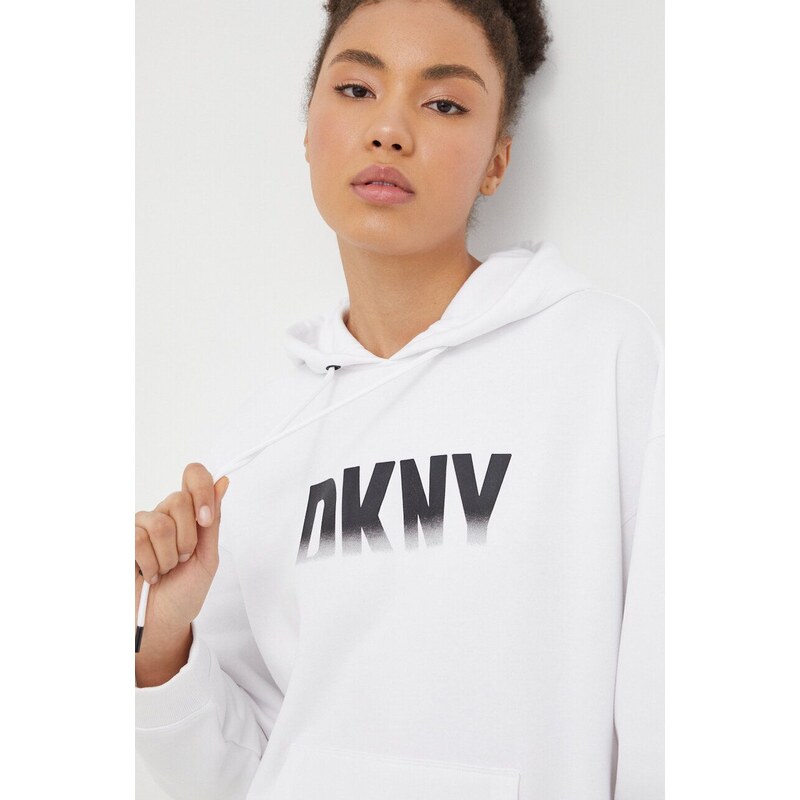 Mikina Dkny dámská, bílá barva, s kapucí, potiskem, DP3T9624