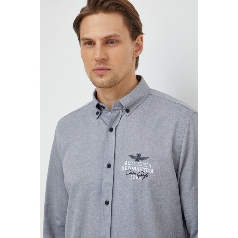 Košile Aeronautica Militare pánská, šedá barva, regular, s límečkem button-down