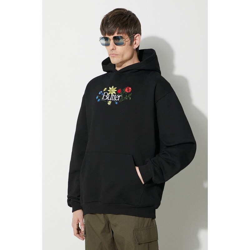 Mikina Butter Goods Floral Embroidered Pullover Hood pánská, černá barva, s kapucí, s aplikací, BGQ423D11404