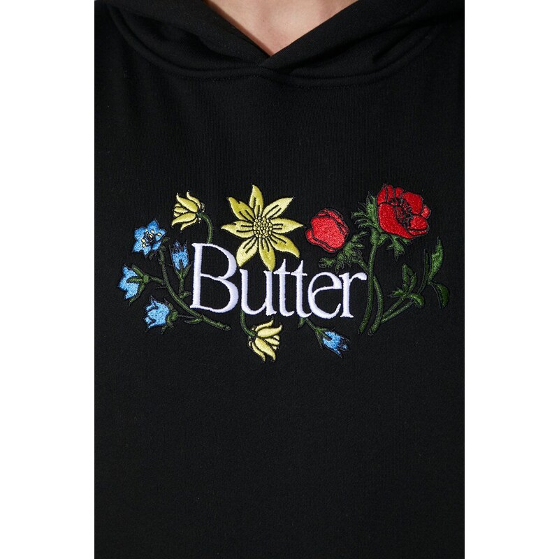 Mikina Butter Goods Floral Embroidered Pullover Hood pánská, černá barva, s kapucí, s aplikací, BGQ423D11404
