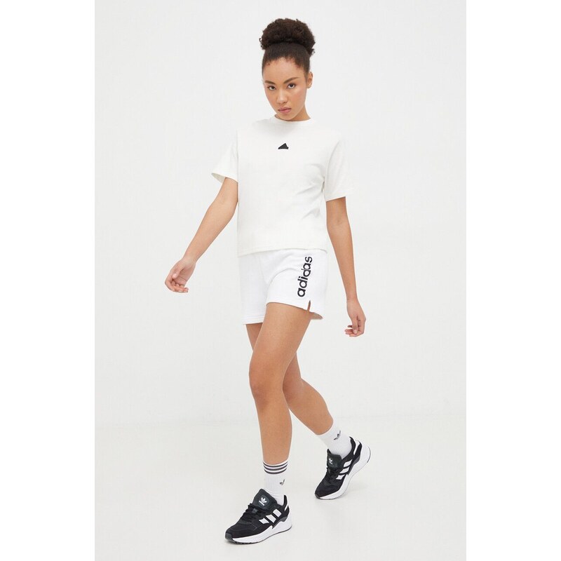 Bavlněné šortky adidas bílá barva, s potiskem, high waist, IC6875