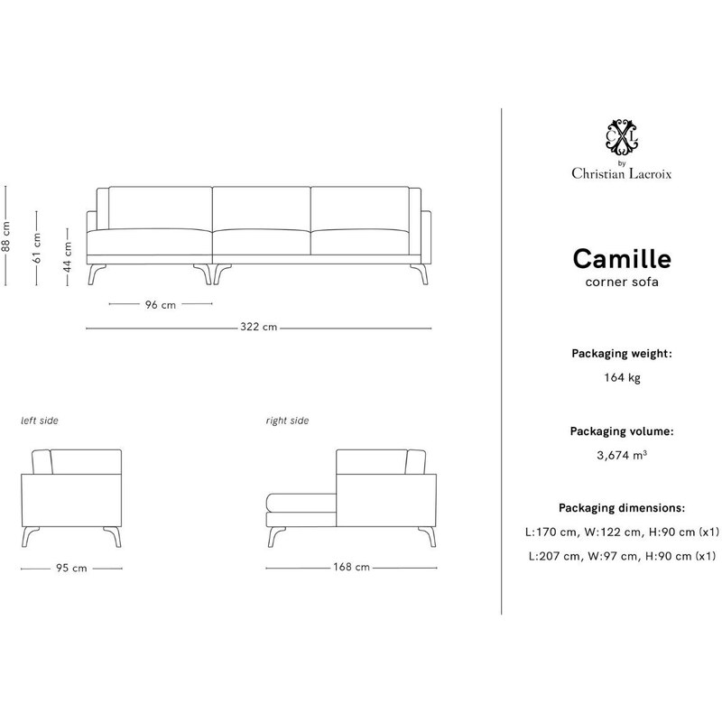 CXL by Christian Lacroix Hnědá kožená rohová pohovka CXL Camille 322 cm, levá