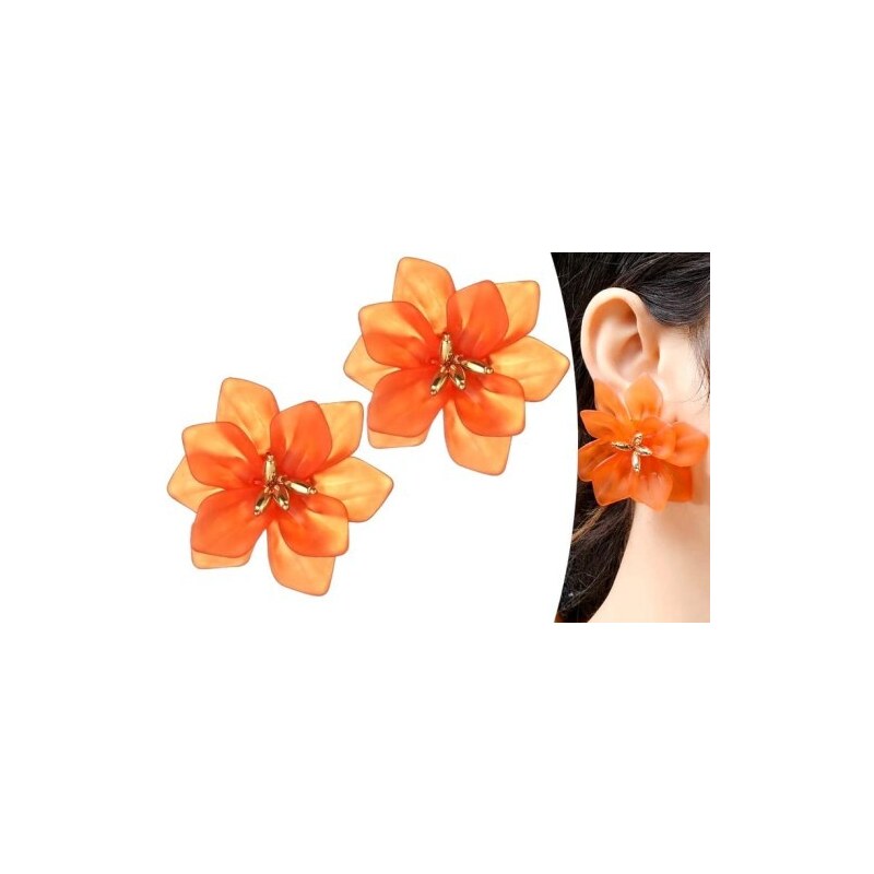 Camerazar Retro Náušnice s Letními Květinami v Boho Stylu, Oranžová, Kov a Akryl, 5x6 cm