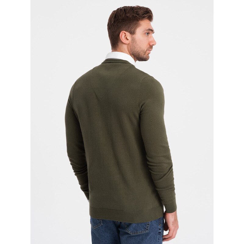 Ombre Clothing Pánský svetr s výstřihem do V a košilovým límcem - tmavě olivově zelený V5 OM-SWSW-0102