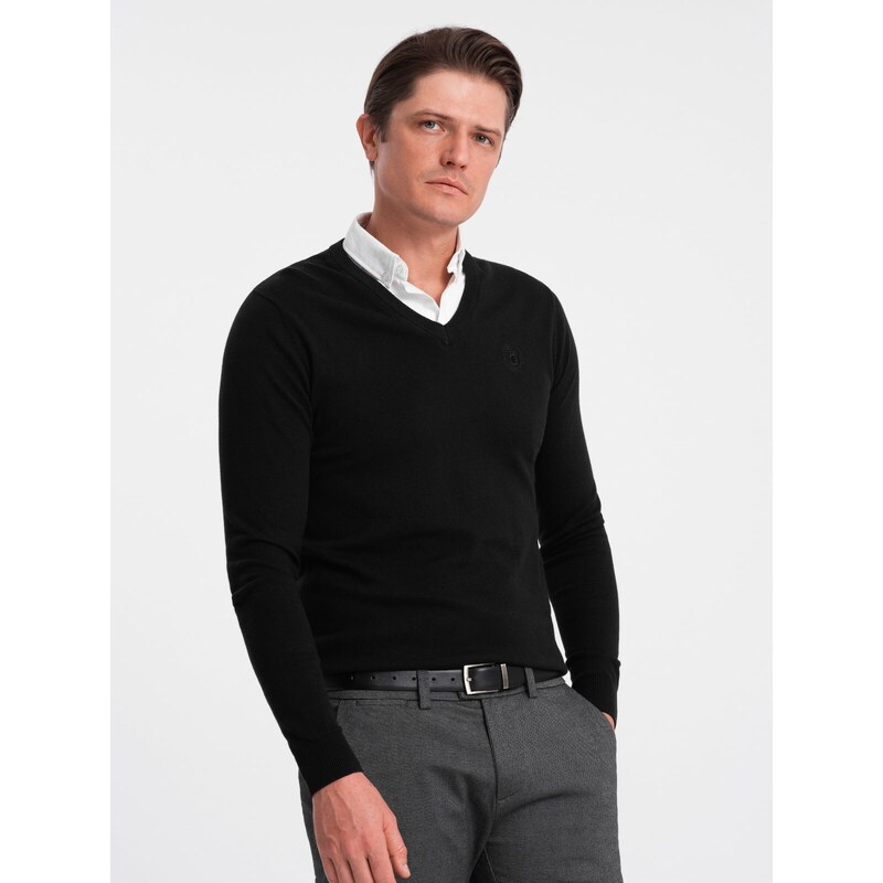 Ombre Clothing Pánský svetr s výstřihem do V a košilovým límcem - černý V1 OM-SWSW-0102