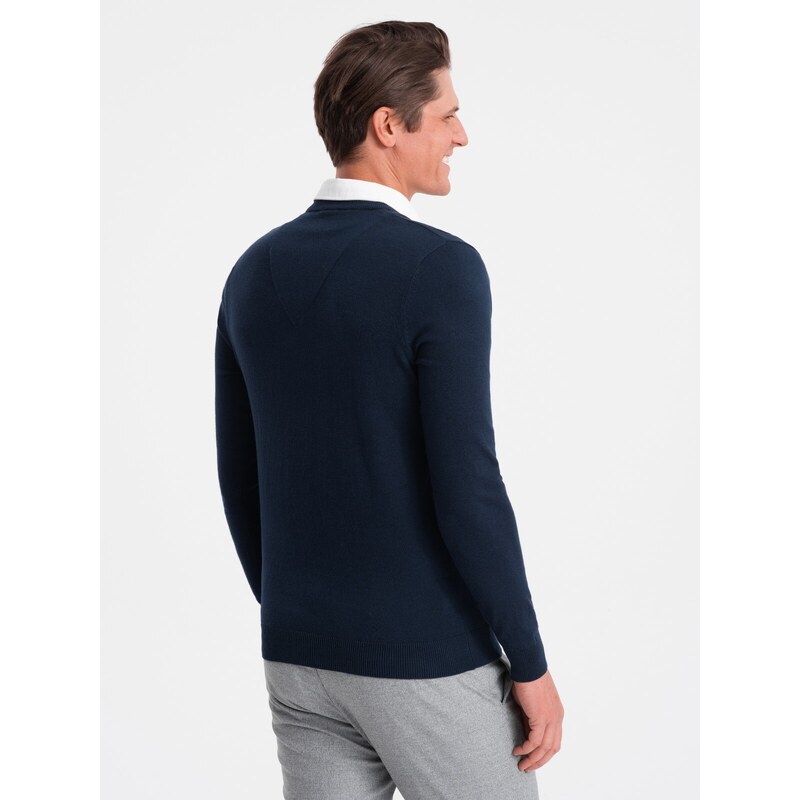 Ombre Clothing Pánský svetr s výstřihem do V a košilovým límcem - tmavě modrý V2 OM-SWSW-0102