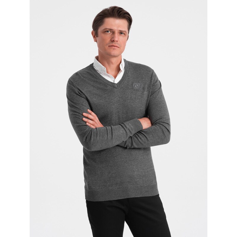Ombre Clothing Pánský svetr s výstřihem do V a košilovým límcem - grafitový V3 OM-SWSW-0102