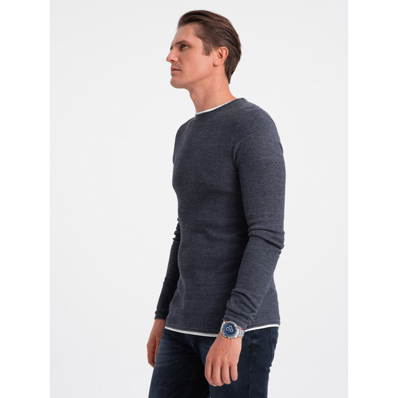 Ombre Clothing Pánský bavlněný svetr s kulatým výstřihem - tmavě modrý melír V3 OM-SWSW-0103