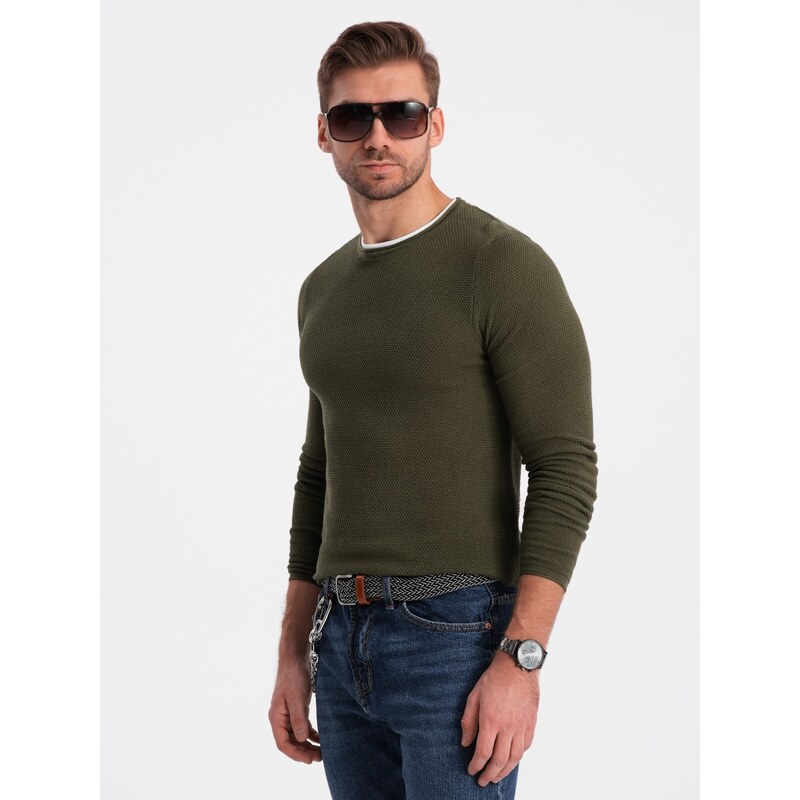 Ombre Clothing Pánský bavlněný svetr s kulatým výstřihem - tmavě olivový V7 OM-SWSW-0103