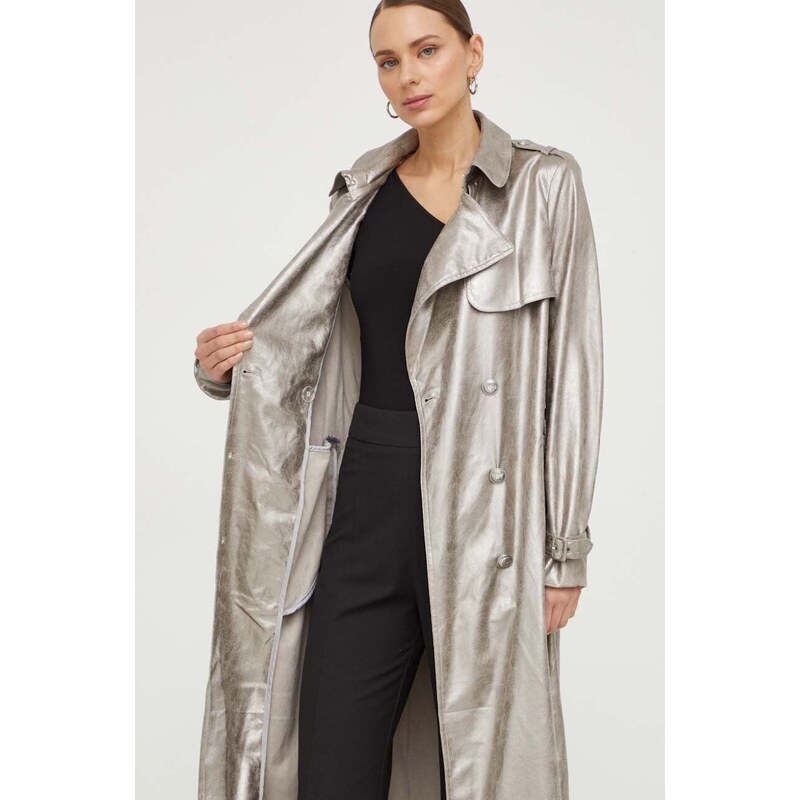 Trench kabát Guess ADELE dámský, šedá barva, přechodný, dvouřadový, W4RL01 WFWN2
