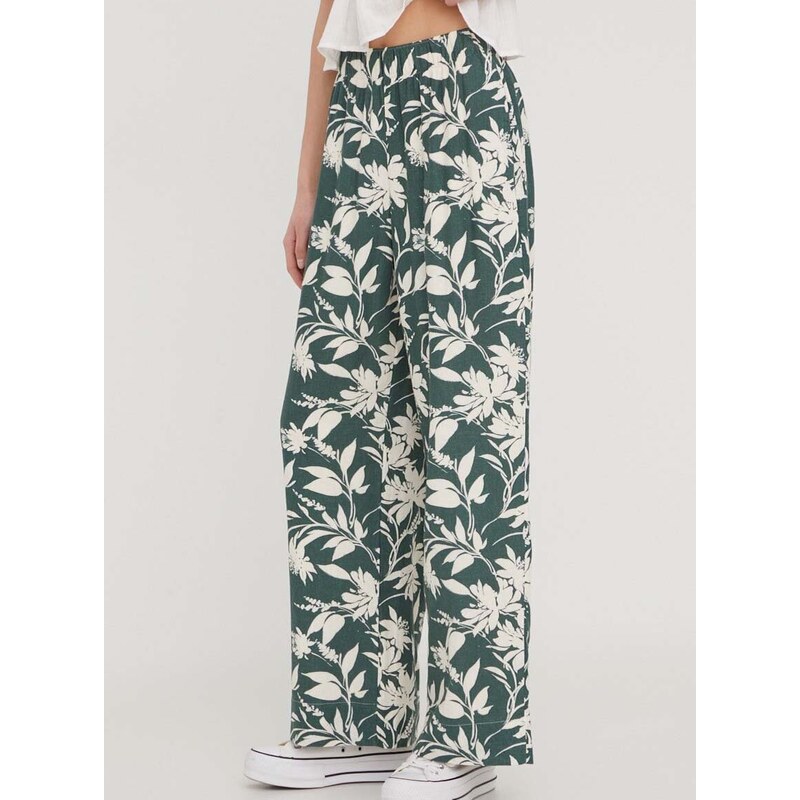 Plátěné kalhoty Abercrombie & Fitch zelená barva, široké, high waist