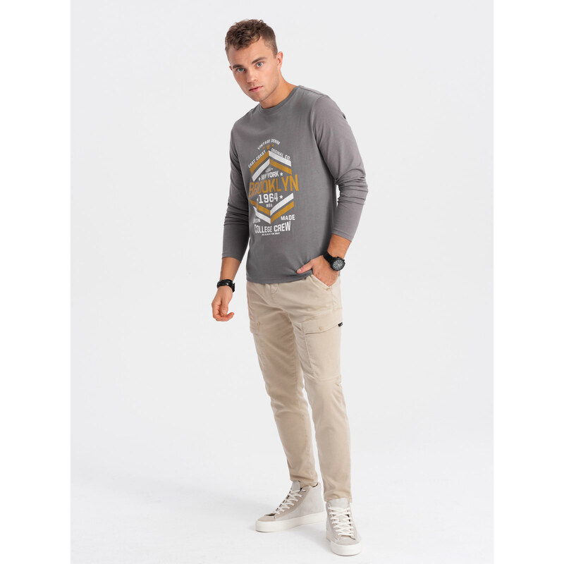 Ombre Clothing Longsleeve męski z nadrukiem w stylu collegowym - szary V1 OM-LSPT-0117