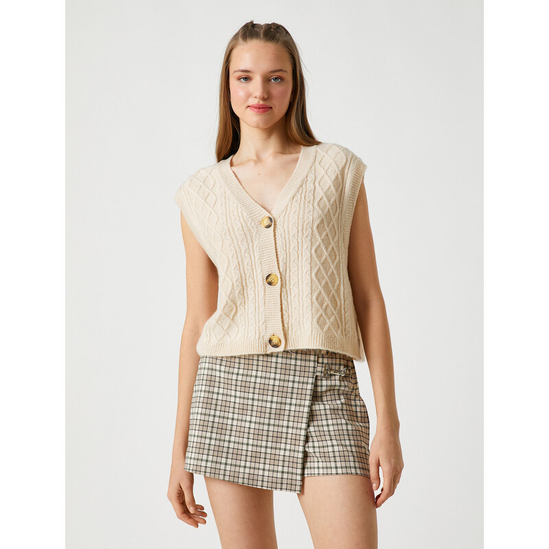 Koton Crop Cardigan Sleeveless with Buttons V-Neck In Braid Patterned