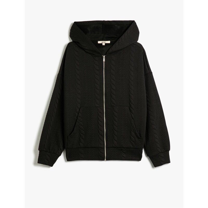 Koton Hooded Sweatshirt Cardigan Textured Pocket Detail