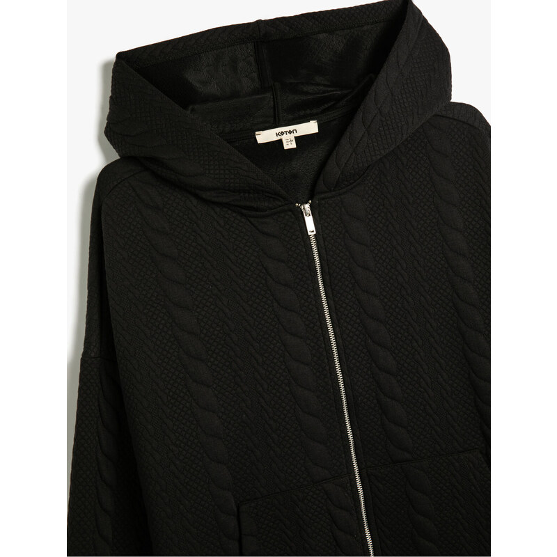 Koton Hooded Sweatshirt Cardigan Textured Pocket Detail