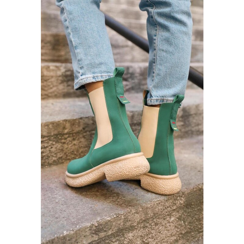 Madamra Green Women's Suede Boots with Rubber Detail Flat sole.