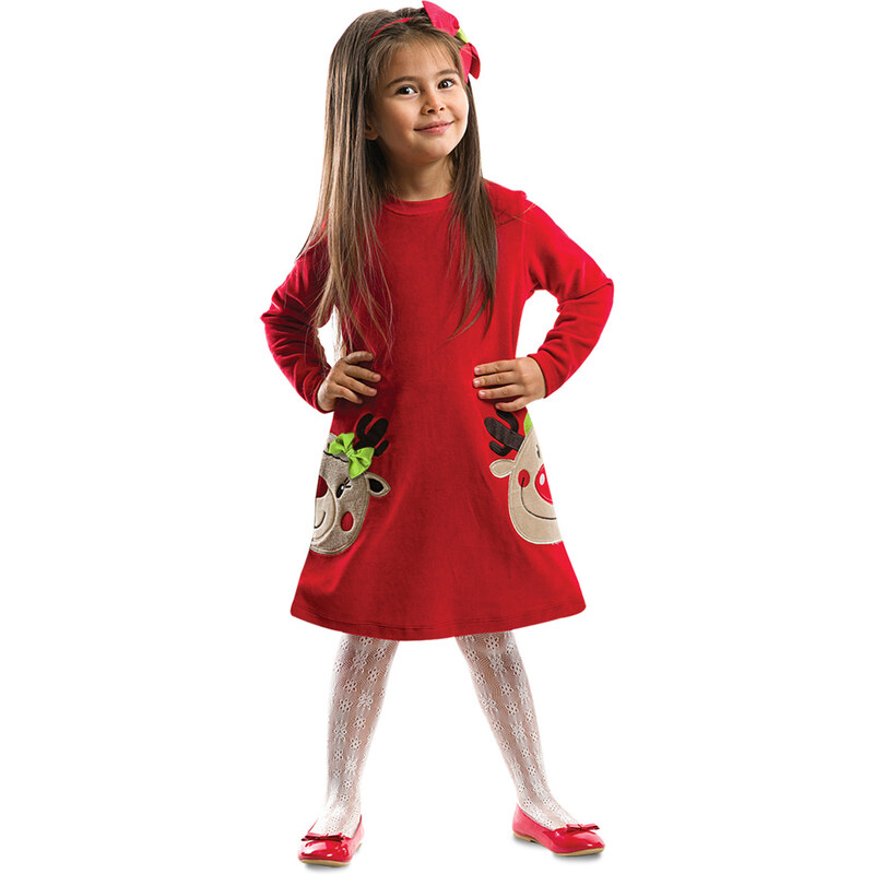 Denokids Twin Deer Girls Velvet Red Christmas Dress
