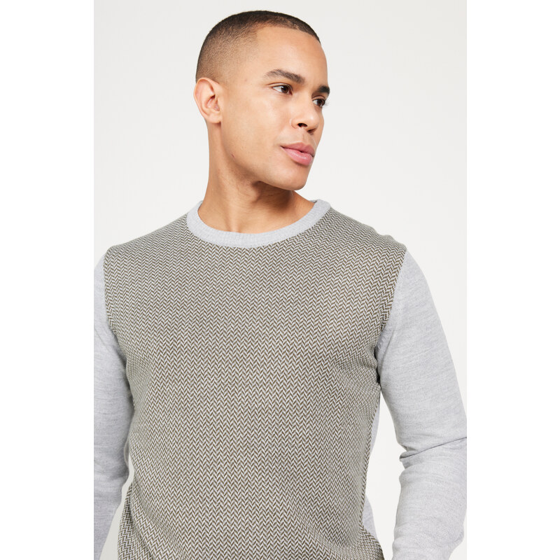 ALTINYILDIZ CLASSICS Men's Grey-Khaki Standard Fit Normal Cut, Crew Neck Patterned Knitwear Sweater.