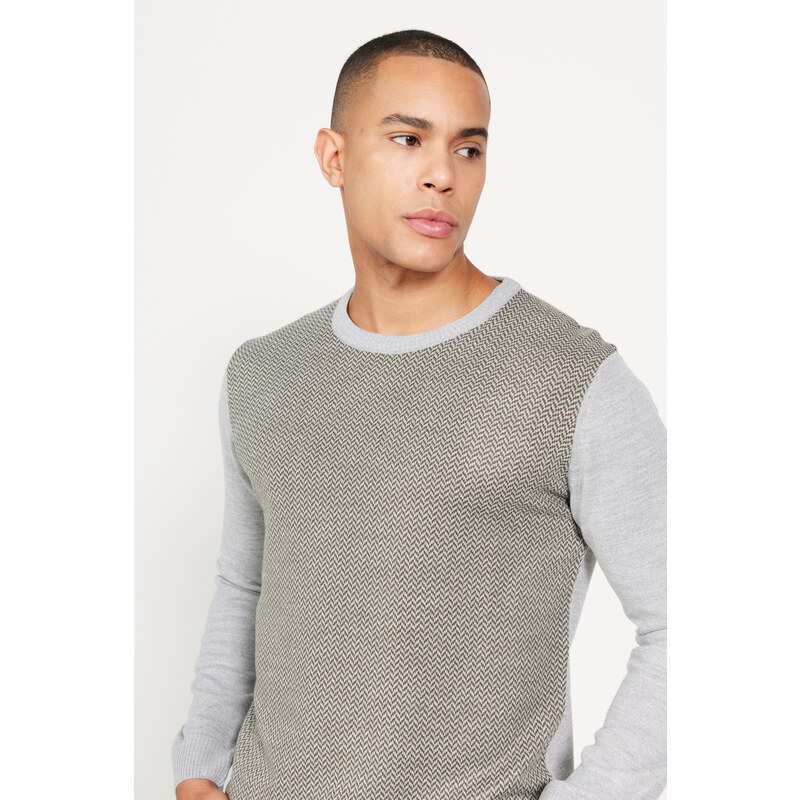 ALTINYILDIZ CLASSICS Men's Grey-Khaki Standard Fit Normal Cut, Crew Neck Patterned Knitwear Sweater.