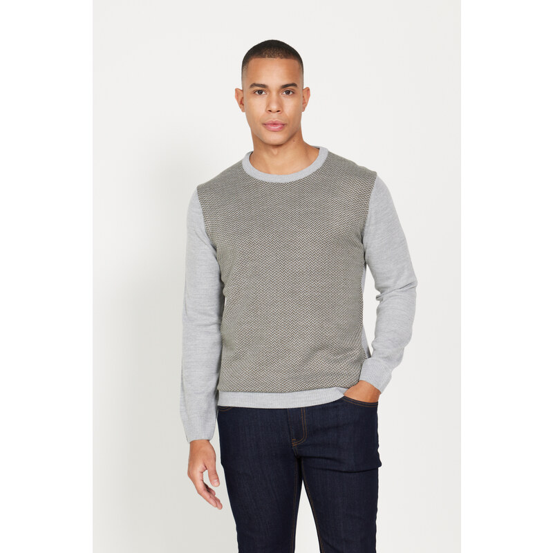 ALTINYILDIZ CLASSICS Men's Grey-Khaki Standard Fit Normal Cut, Crew Neck Patterned Knitwear Sweater.