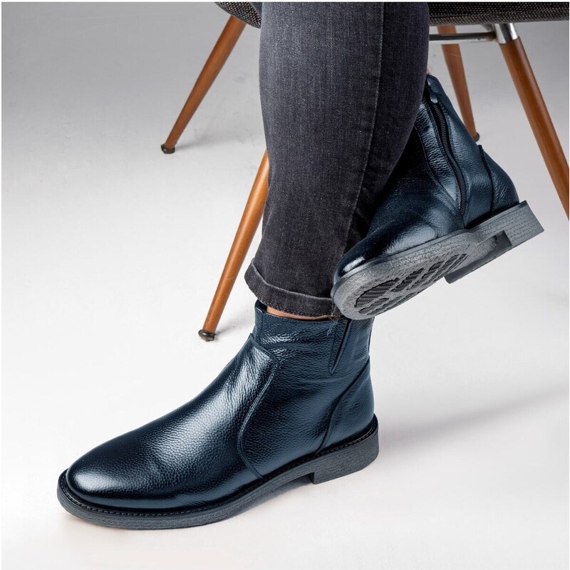 Ducavelli Bristol Genuine Leather Non-slip Sole Zipper Chelsea Daily Boots Navy Blue.