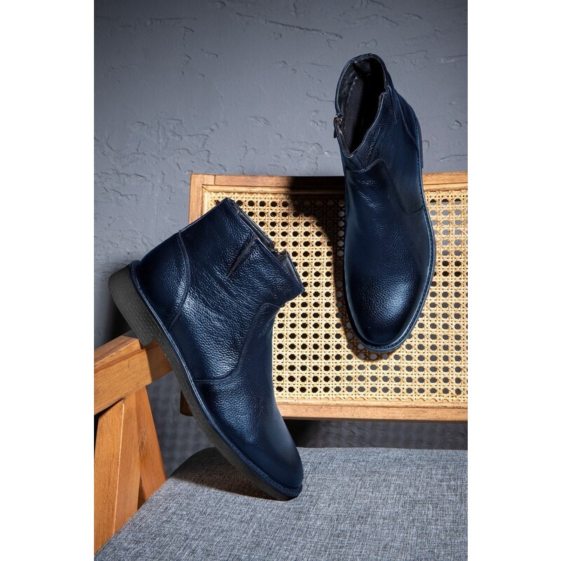 Ducavelli Bristol Genuine Leather Non-slip Sole Zipper Chelsea Daily Boots Navy Blue.