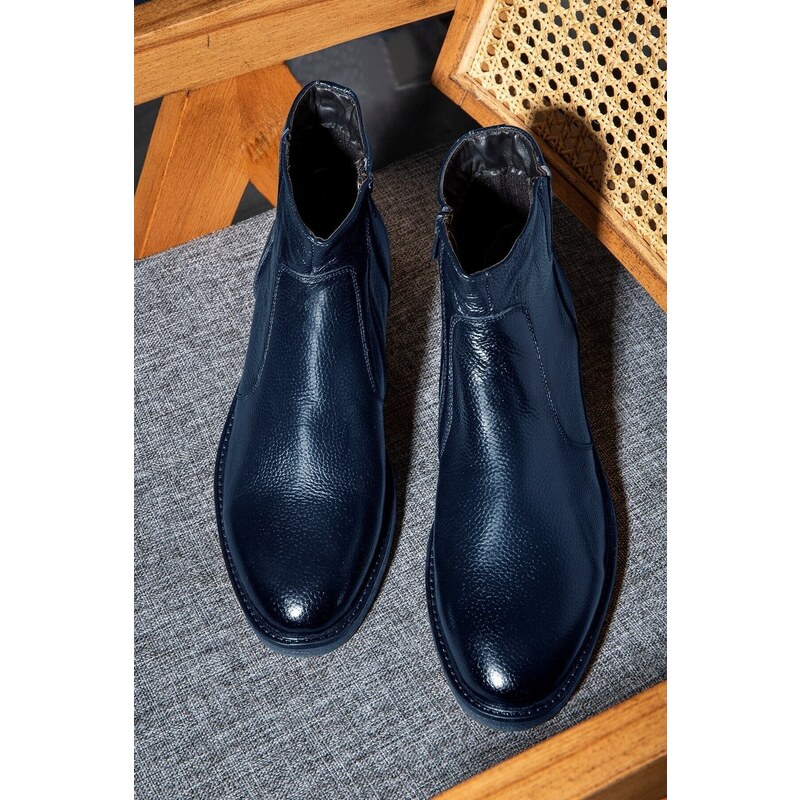 Ducavelli Bristol Genuine Leather Non-slip Sole Zipper Chelsea Daily Boots Navy Blue.