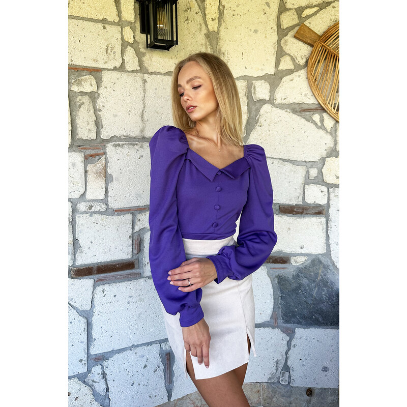 Trend Alaçatı Stili Women's Purple Princess Button Detailed Crepe Blouse