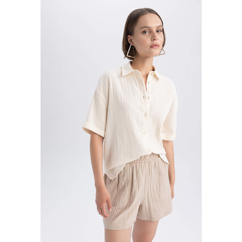 DEFACTO Oversize Fit Shirt Collar Muslin Short Sleeve Shirt