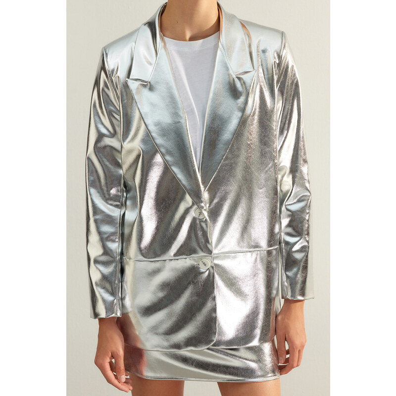 Trendyol Silver Premium Glossy Woven Blazer Jacket