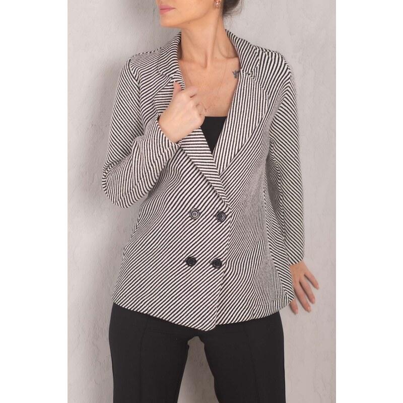 armonika Women's Black and White Striped Patterned Four Button Cachet Jacket