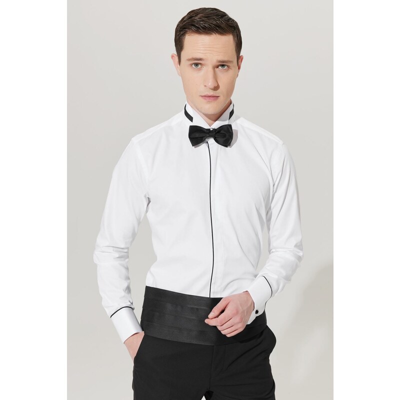 ALTINYILDIZ CLASSICS Men's White Slim Fit Slim-Fit 100% Cotton Shirt with Collar Collar.